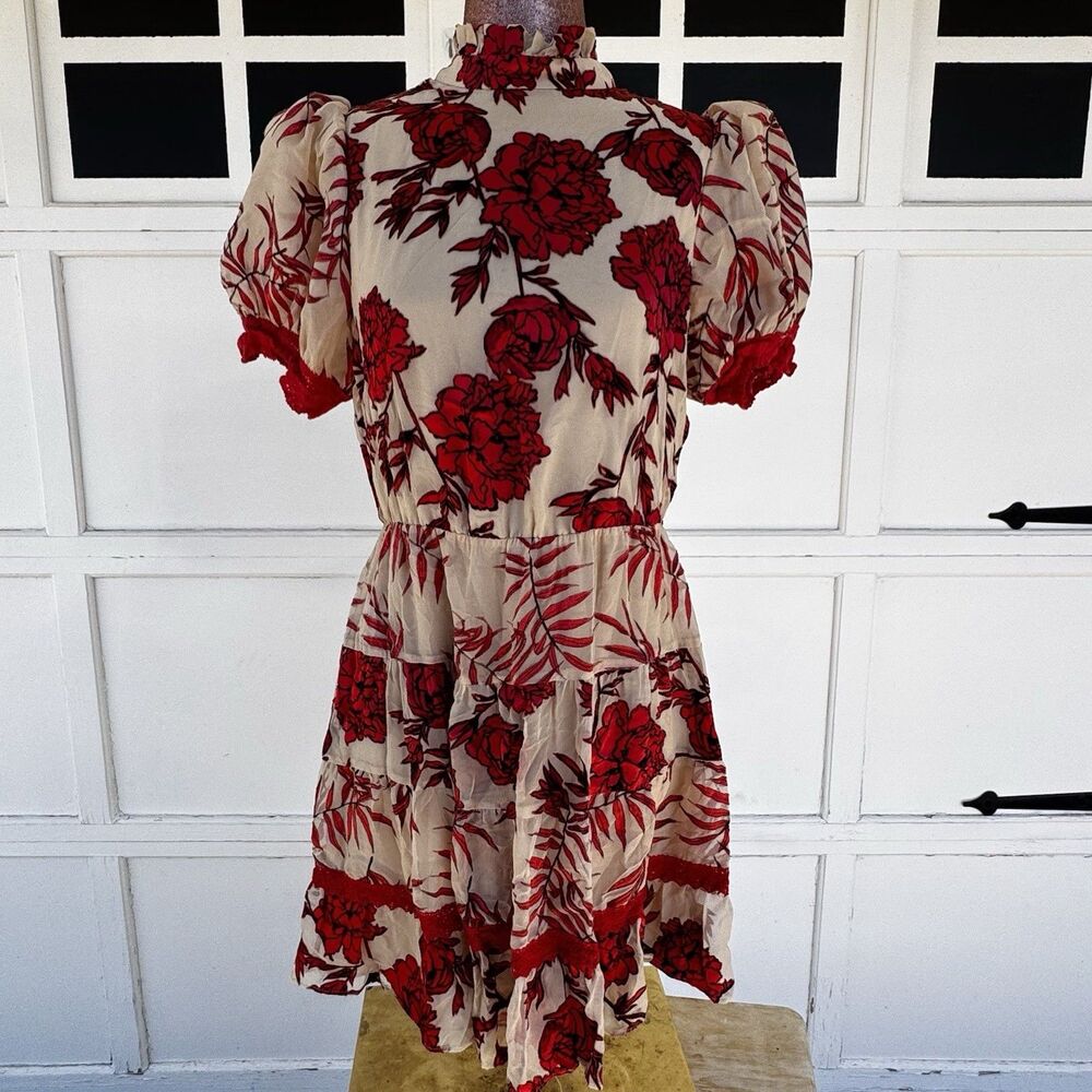 Alice + Olivia Regan Tiered Floral Mini Dress Red Roses Dark Romantic Silk Sz 8